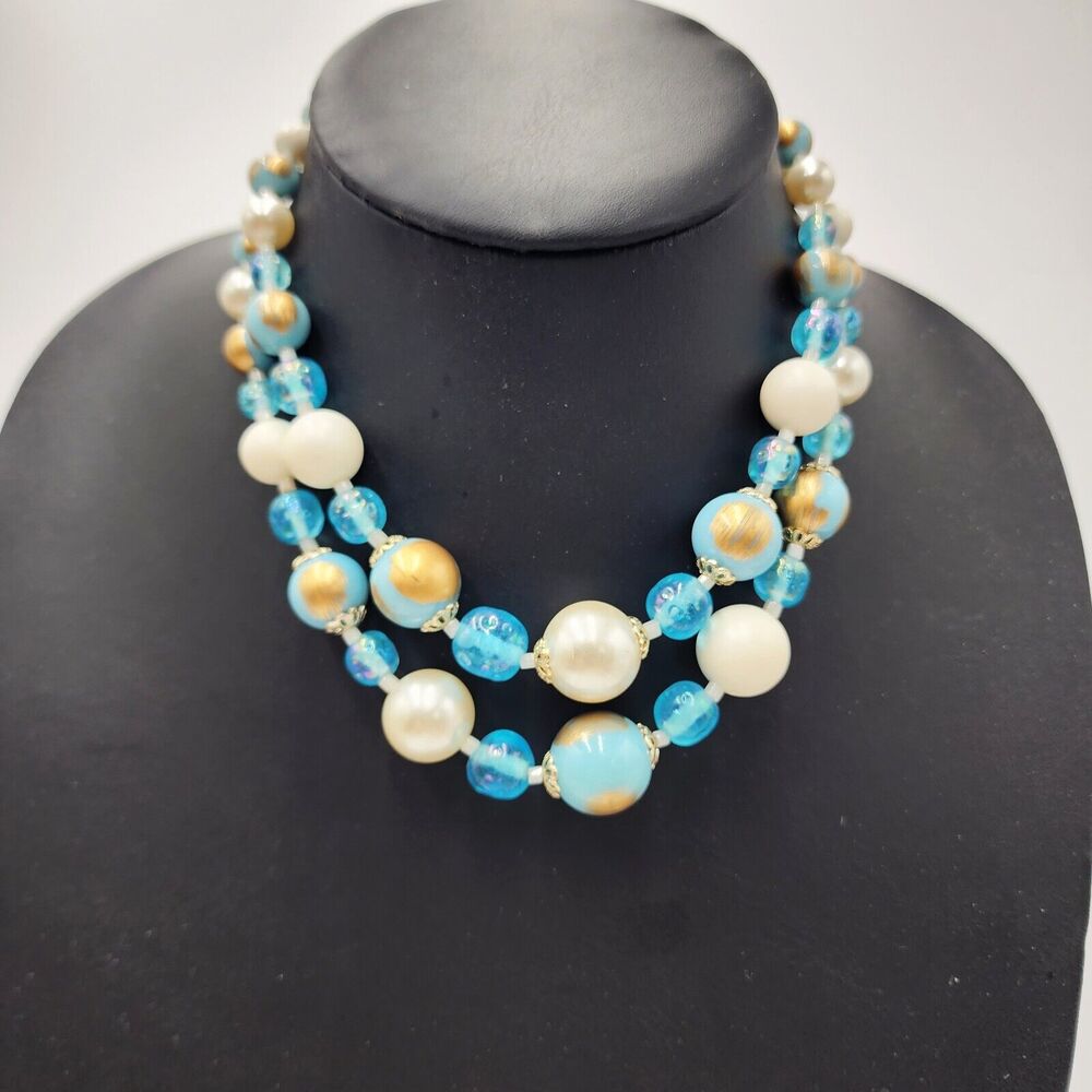 Vintage Robin's Egg Blue Gold Double 2 Strand Glass Acrylic Beads Japan Necklace